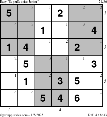 The grouppuzzles.com Easy SuperSudoku-Junior puzzle for Sunday January 5, 2025 with all 4 steps marked