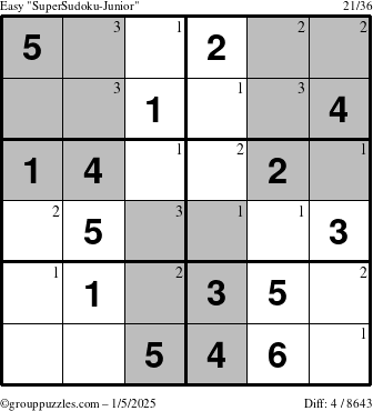 The grouppuzzles.com Easy SuperSudoku-Junior puzzle for Sunday January 5, 2025 with the first 3 steps marked