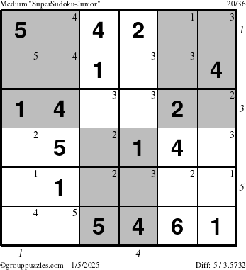 The grouppuzzles.com Medium SuperSudoku-Junior puzzle for Sunday January 5, 2025 with all 5 steps marked