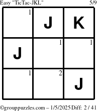 The grouppuzzles.com Easy TicTac-JKL puzzle for Sunday January 5, 2025 with the first 2 steps marked