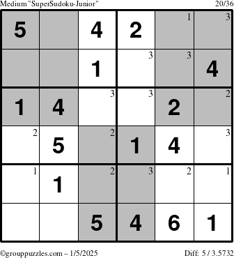 The grouppuzzles.com Medium SuperSudoku-Junior puzzle for Sunday January 5, 2025 with the first 3 steps marked