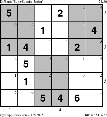 The grouppuzzles.com Difficult SuperSudoku-Junior puzzle for Sunday January 5, 2025 with all 6 steps marked