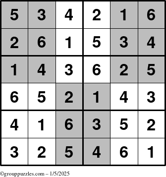 The grouppuzzles.com Answer grid for the SuperSudoku-Junior puzzle for Sunday January 5, 2025