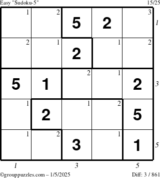 The grouppuzzles.com Easy Sudoku-5 puzzle for Sunday January 5, 2025 with all 3 steps marked