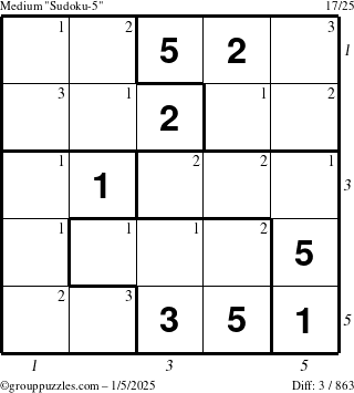 The grouppuzzles.com Medium Sudoku-5 puzzle for Sunday January 5, 2025, suitable for printing, with all 3 steps marked