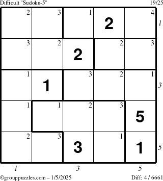 The grouppuzzles.com Difficult Sudoku-5 puzzle for Sunday January 5, 2025 with all 4 steps marked