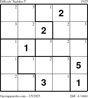 The grouppuzzles.com Difficult Sudoku-5 puzzle for Sunday January 5, 2025 with the first 3 steps marked