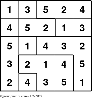 The grouppuzzles.com Answer grid for the Sudoku-5 puzzle for Sunday January 5, 2025