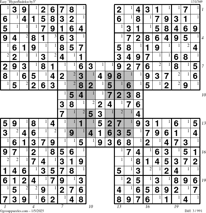 The grouppuzzles.com Easy HyperSudoku-by5 puzzle for Sunday January 5, 2025 with all 3 steps marked