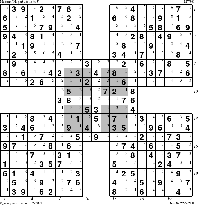 The grouppuzzles.com Medium HyperSudoku-by5 puzzle for Sunday January 5, 2025 with all 8 steps marked