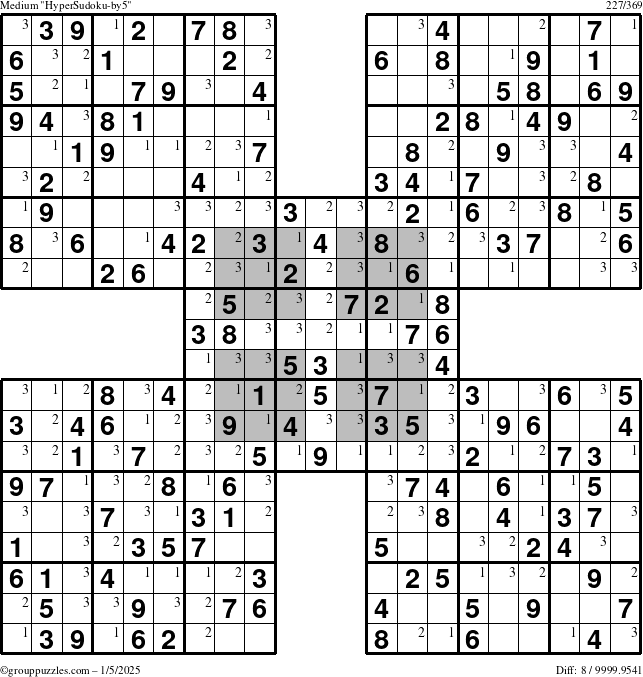 The grouppuzzles.com Medium HyperSudoku-by5 puzzle for Sunday January 5, 2025 with the first 3 steps marked