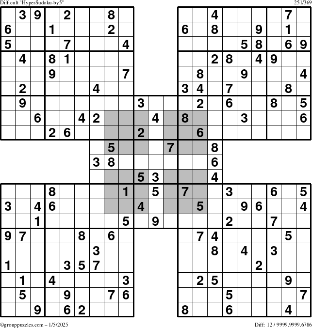 The grouppuzzles.com Difficult HyperSudoku-by5 puzzle for Sunday January 5, 2025