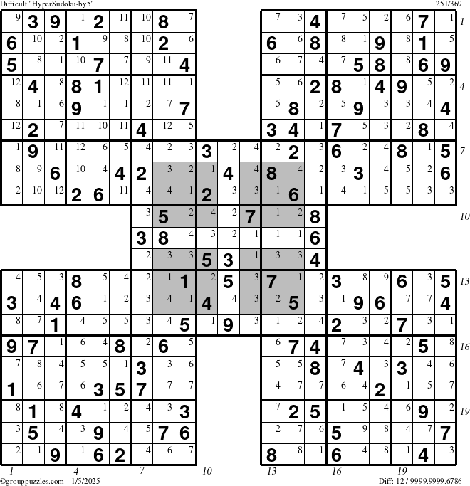 The grouppuzzles.com Difficult HyperSudoku-by5 puzzle for Sunday January 5, 2025 with all 12 steps marked