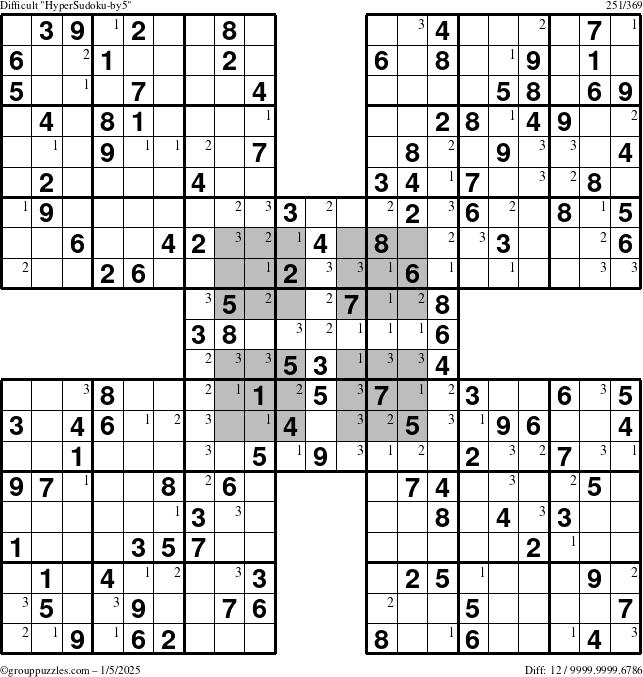 The grouppuzzles.com Difficult HyperSudoku-by5 puzzle for Sunday January 5, 2025 with the first 3 steps marked