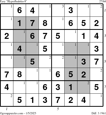 The grouppuzzles.com Easy HyperSudoku-8 puzzle for Sunday January 5, 2025 with all 3 steps marked