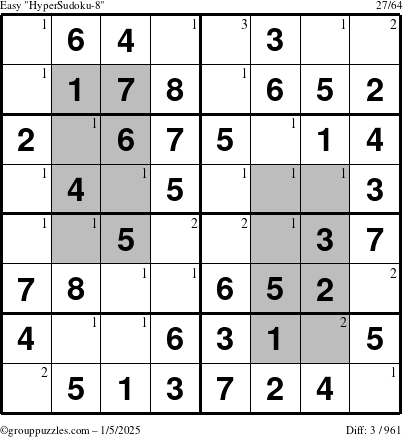 The grouppuzzles.com Easy HyperSudoku-8 puzzle for Sunday January 5, 2025 with the first 3 steps marked