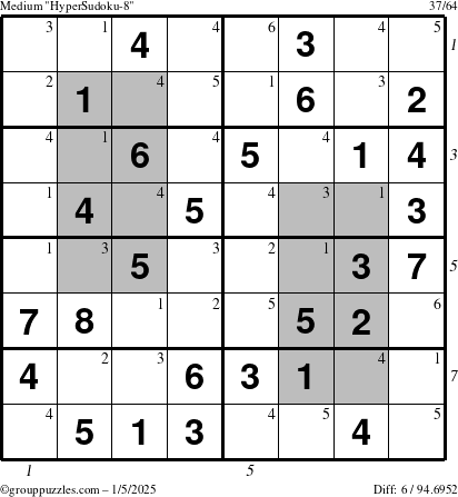 The grouppuzzles.com Medium HyperSudoku-8 puzzle for Sunday January 5, 2025, suitable for printing, with all 6 steps marked