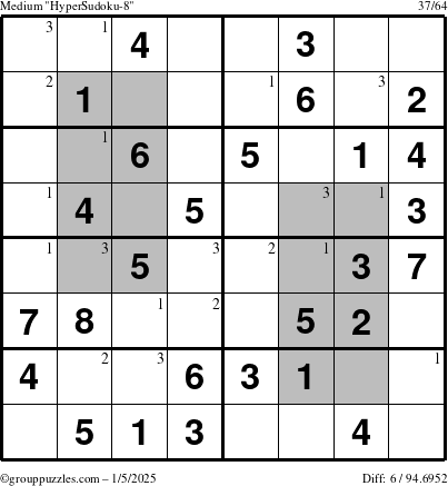 The grouppuzzles.com Medium HyperSudoku-8 puzzle for Sunday January 5, 2025 with the first 3 steps marked