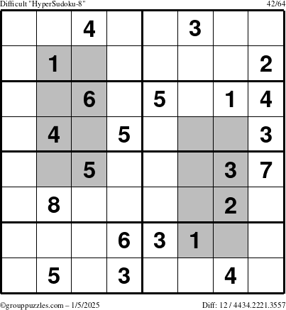 The grouppuzzles.com Difficult HyperSudoku-8 puzzle for Sunday January 5, 2025