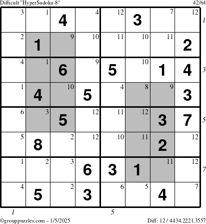 The grouppuzzles.com Difficult HyperSudoku-8 puzzle for Sunday January 5, 2025 with all 12 steps marked