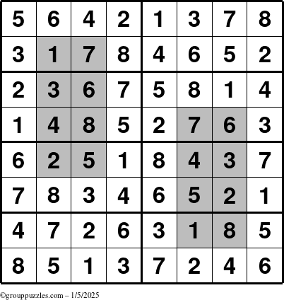 The grouppuzzles.com Answer grid for the HyperSudoku-8 puzzle for Sunday January 5, 2025