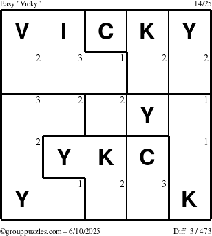The grouppuzzles.com Easy Vicky puzzle for Tuesday June 10, 2025 with the first 3 steps marked