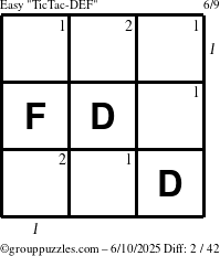 The grouppuzzles.com Easy TicTac-DEF puzzle for Tuesday June 10, 2025, suitable for printing, with all 2 steps marked