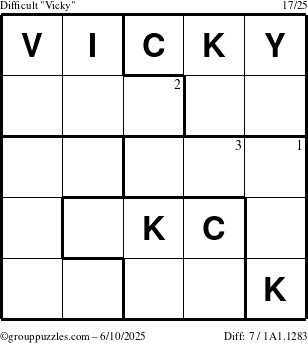 The grouppuzzles.com Difficult Vicky puzzle for Tuesday June 10, 2025 with the first 3 steps marked