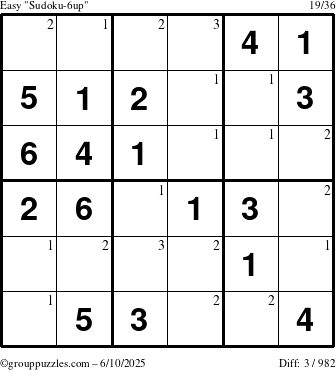 The grouppuzzles.com Easy Sudoku-6up puzzle for Tuesday June 10, 2025 with the first 3 steps marked