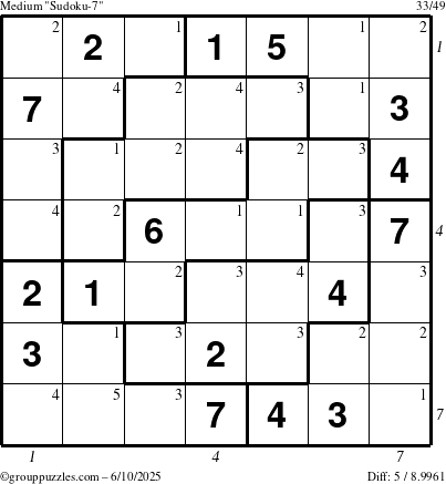 The grouppuzzles.com Medium Sudoku-7 puzzle for Tuesday June 10, 2025, suitable for printing, with all 5 steps marked
