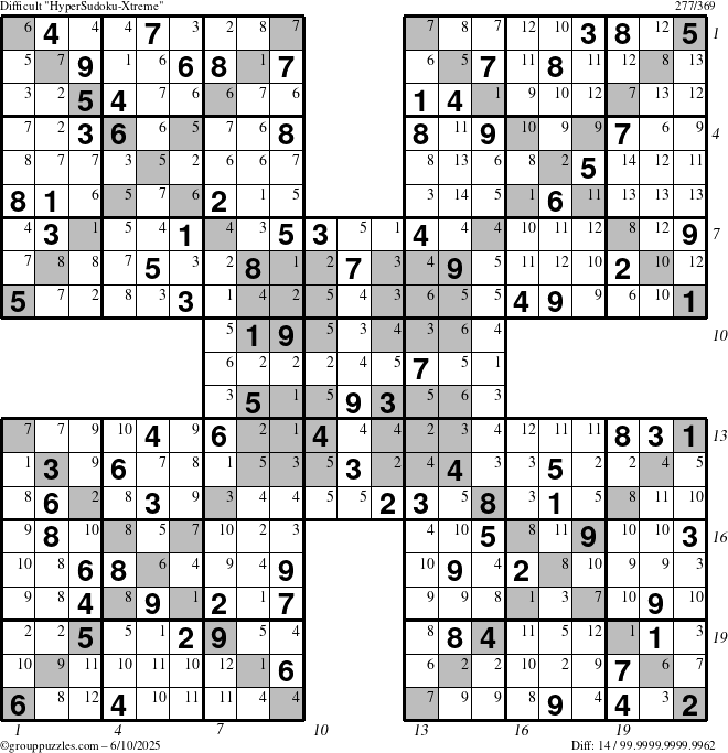 The grouppuzzles.com Difficult HyperSudoku-Xtreme puzzle for Tuesday June 10, 2025, suitable for printing, with all 14 steps marked