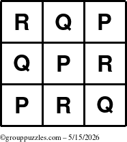 The grouppuzzles.com Answer grid for the TicTac-PQR puzzle for Friday May 15, 2026
