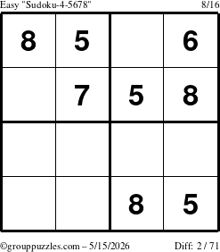 The grouppuzzles.com Easy Sudoku-4-5678 puzzle for Friday May 15, 2026