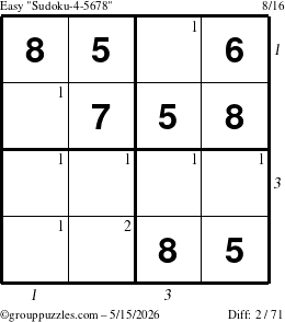 The grouppuzzles.com Easy Sudoku-4-5678 puzzle for Friday May 15, 2026, suitable for printing, with all 2 steps marked