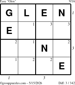 The grouppuzzles.com Easy Glen puzzle for Friday May 15, 2026, suitable for printing, with all 3 steps marked