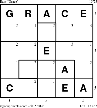 The grouppuzzles.com Easy Grace puzzle for Friday May 15, 2026 with all 3 steps marked