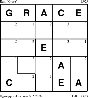 The grouppuzzles.com Easy Grace puzzle for Friday May 15, 2026 with the first 3 steps marked
