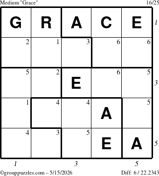 The grouppuzzles.com Medium Grace puzzle for Friday May 15, 2026, suitable for printing, with all 6 steps marked
