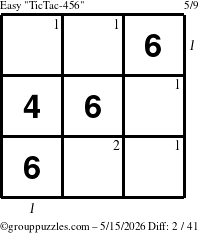 The grouppuzzles.com Easy TicTac-456 puzzle for Friday May 15, 2026, suitable for printing, with all 2 steps marked