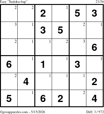 The grouppuzzles.com Easy Sudoku-6up puzzle for Friday May 15, 2026 with the first 3 steps marked