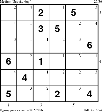 The grouppuzzles.com Medium Sudoku-6up puzzle for Friday May 15, 2026, suitable for printing, with all 4 steps marked