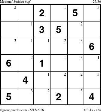 The grouppuzzles.com Medium Sudoku-6up puzzle for Friday May 15, 2026 with the first 3 steps marked
