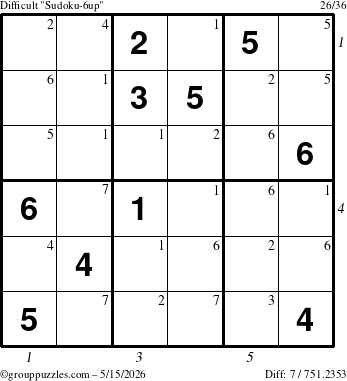 The grouppuzzles.com Difficult Sudoku-6up puzzle for Friday May 15, 2026, suitable for printing, with all 7 steps marked