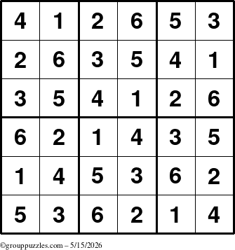 The grouppuzzles.com Answer grid for the Sudoku-6up puzzle for Friday May 15, 2026