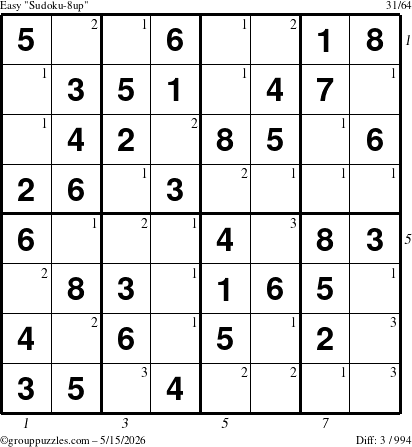 The grouppuzzles.com Easy Sudoku-8up puzzle for Friday May 15, 2026 with all 3 steps marked