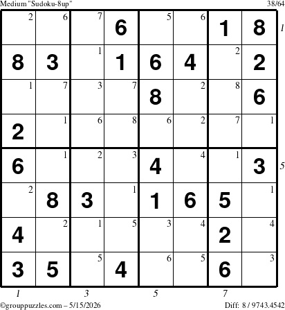 The grouppuzzles.com Medium Sudoku-8up puzzle for Friday May 15, 2026, suitable for printing, with all 8 steps marked