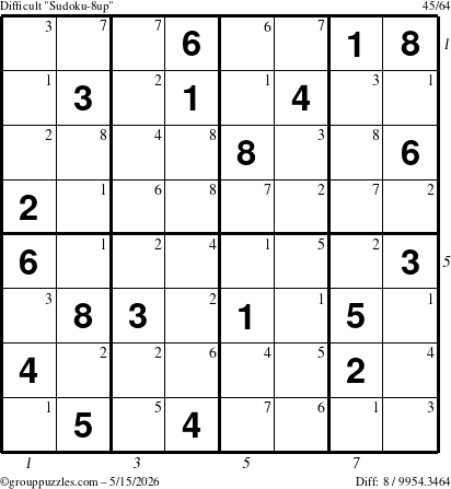 The grouppuzzles.com Difficult Sudoku-8up puzzle for Friday May 15, 2026 with all 8 steps marked