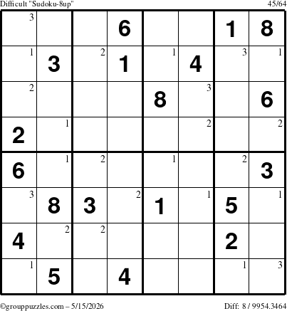 The grouppuzzles.com Difficult Sudoku-8up puzzle for Friday May 15, 2026 with the first 3 steps marked