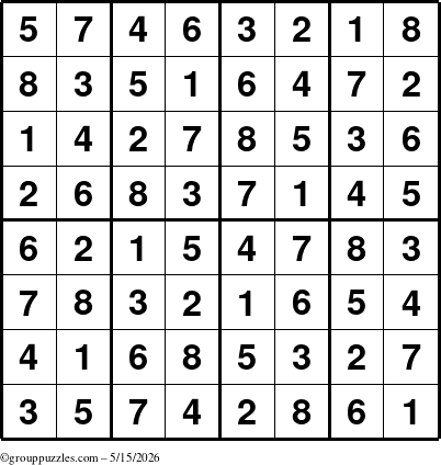 The grouppuzzles.com Answer grid for the Sudoku-8up puzzle for Friday May 15, 2026
