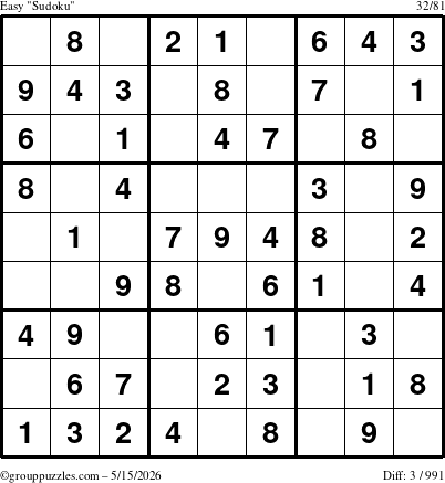 The grouppuzzles.com Easy Sudoku puzzle for Friday May 15, 2026